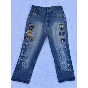 Vintage NBA UNK Denim Jeans Y2K Sz36 Custom Embroidery NBA Teams Logo 100%Cotton